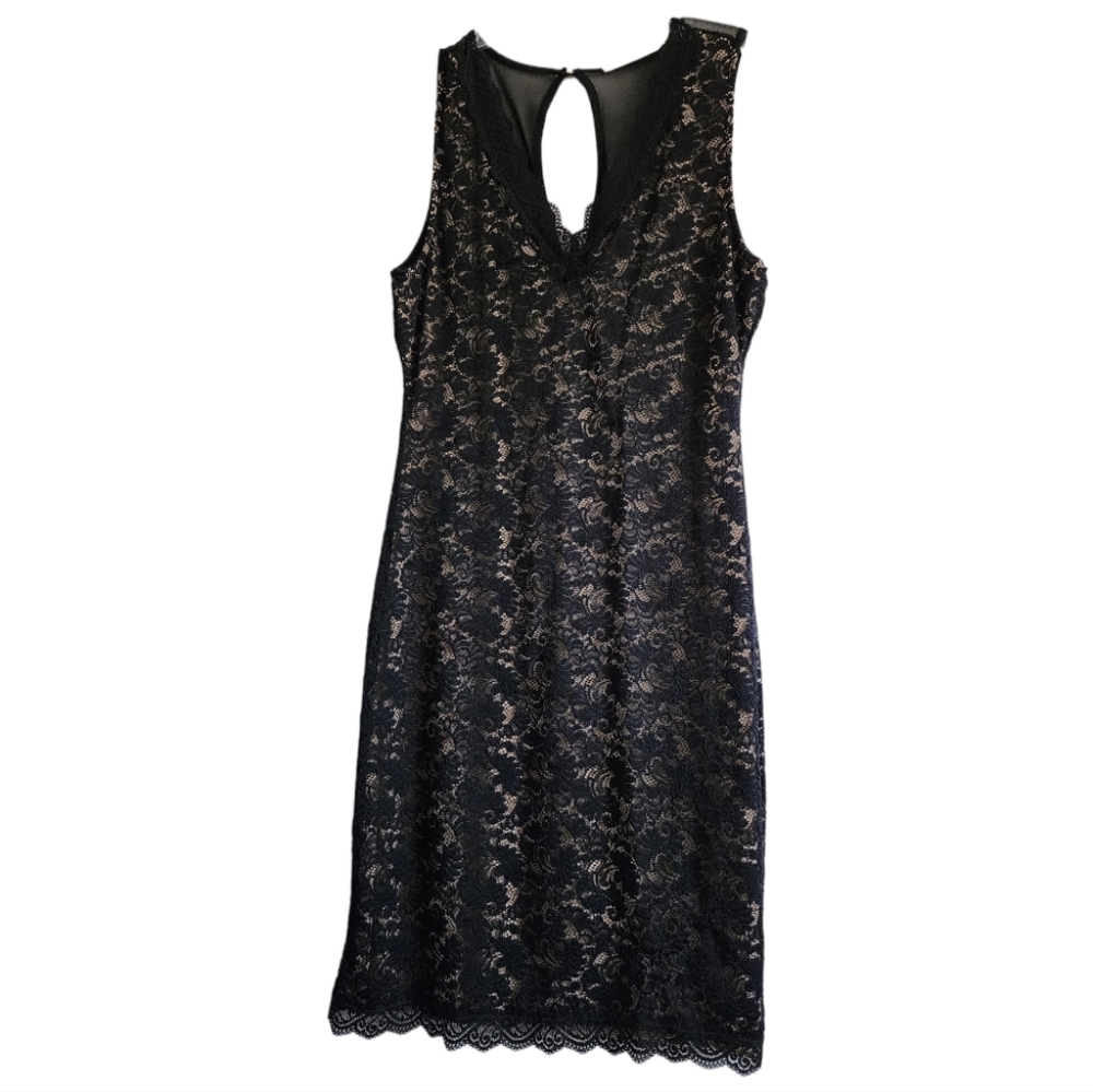 EUC black lace nude slip keyhole back dress size L